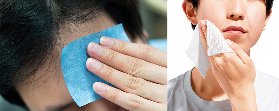 Men using oil blotting paper / Men using facial wipes